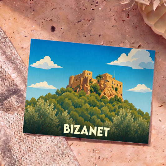Carte postale souvenir de la ville de Bizanet avec une illustration stylisée d'un château perché sur une colline boisée.