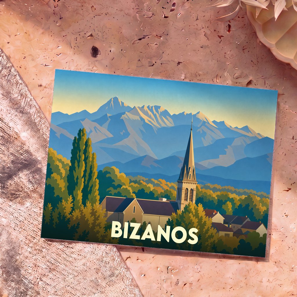 Carte postale souvenir de la ville de Bizanos avec une illustration stylisée d'un clocher devant des montagnes.
