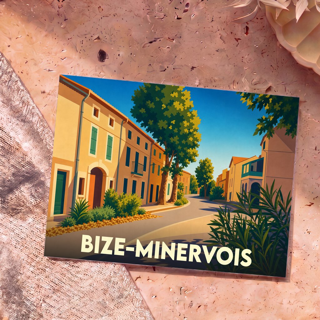 Carte postale souvenir de la ville de Bize-Minervois illustrant une rue ensoleillée au style graphique épuré.