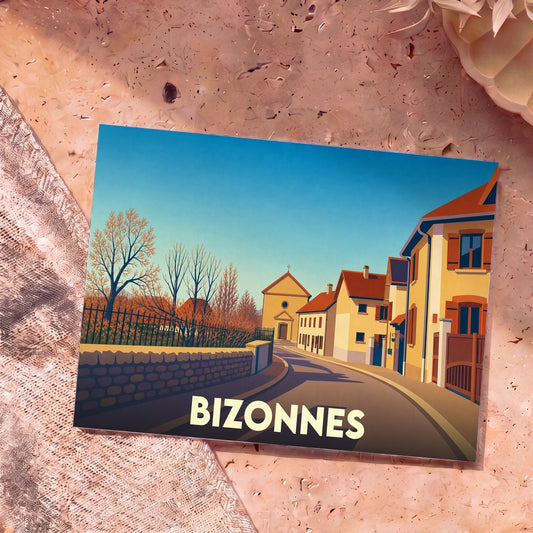 Carte postale souvenir de la ville de Bizonnes avec une illustration stylisée montrant une rue menant à l'église.