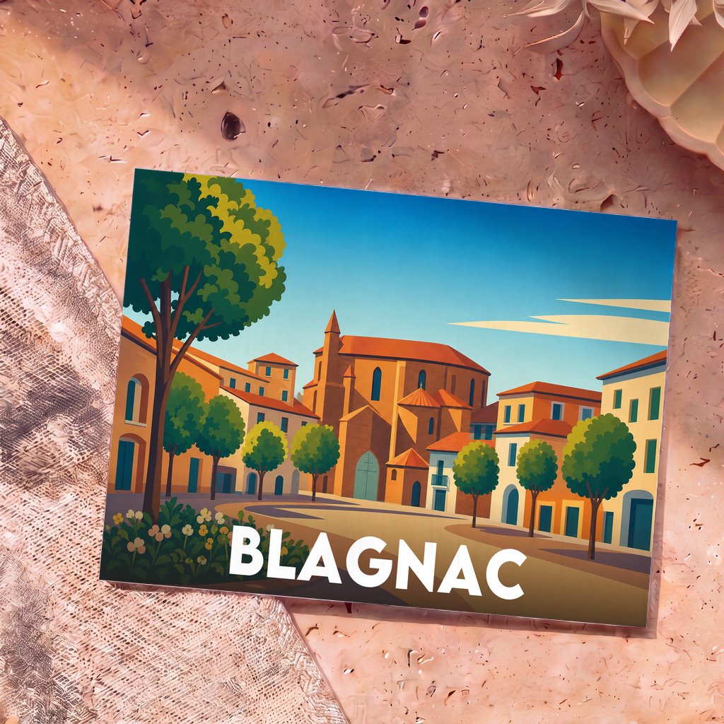 Carte postale souvenir de la ville de Blagnac avec une illustration stylisée et colorée de son centre historique.