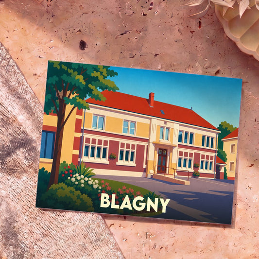 Carte postale souvenir de la ville de Blagny illustrant son école communale avec un style graphique épuré.