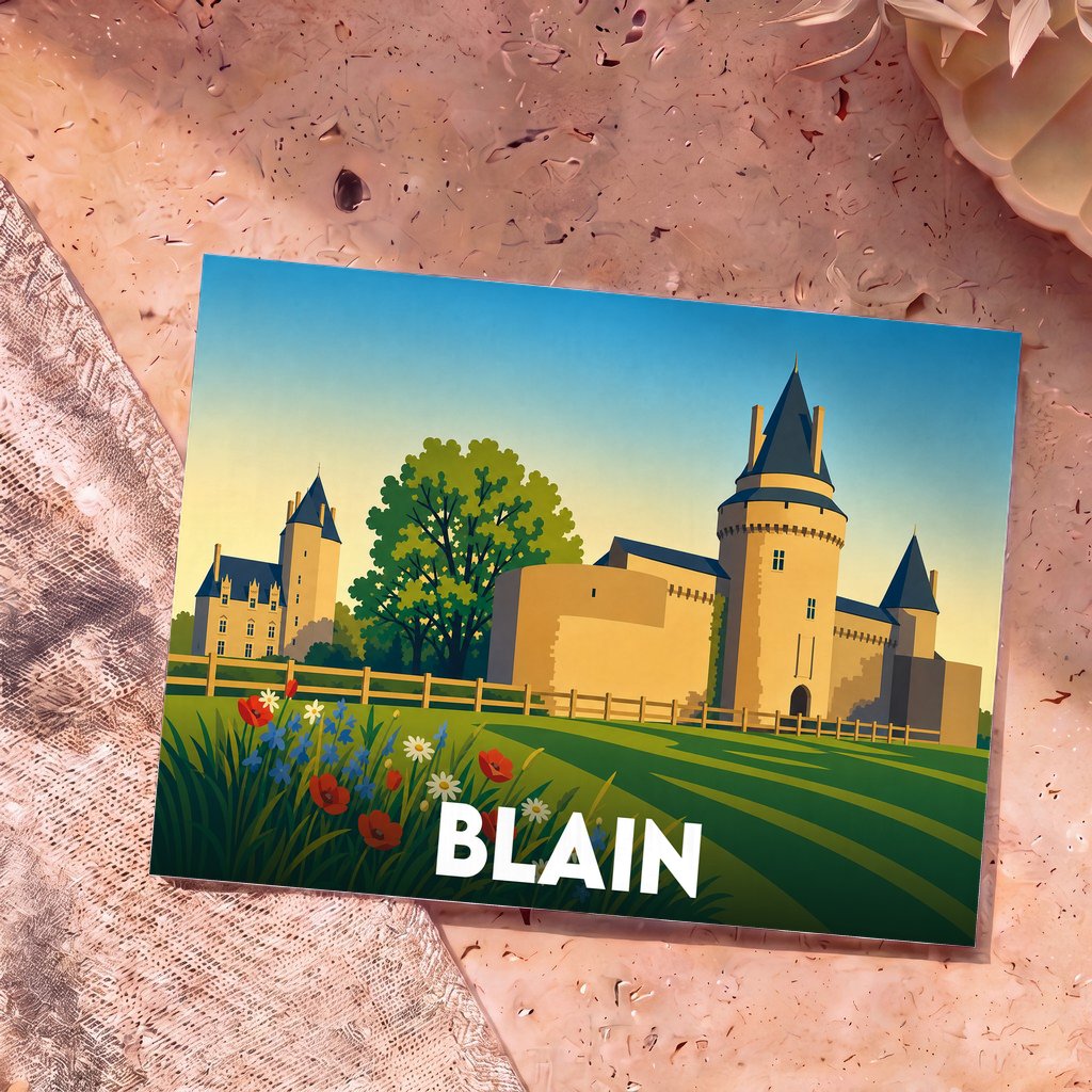 Carte postale souvenir de la ville de Blain illustrant son château dans un style graphique épuré.