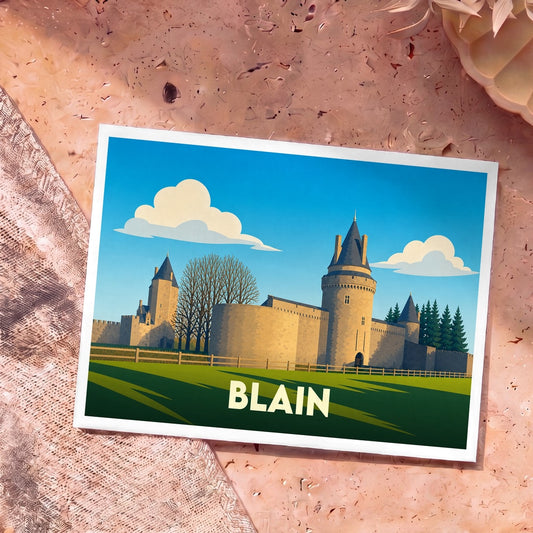 Carte postale souvenir de la ville de Blain illustrant son château médiéval dans un style graphique épuré.
