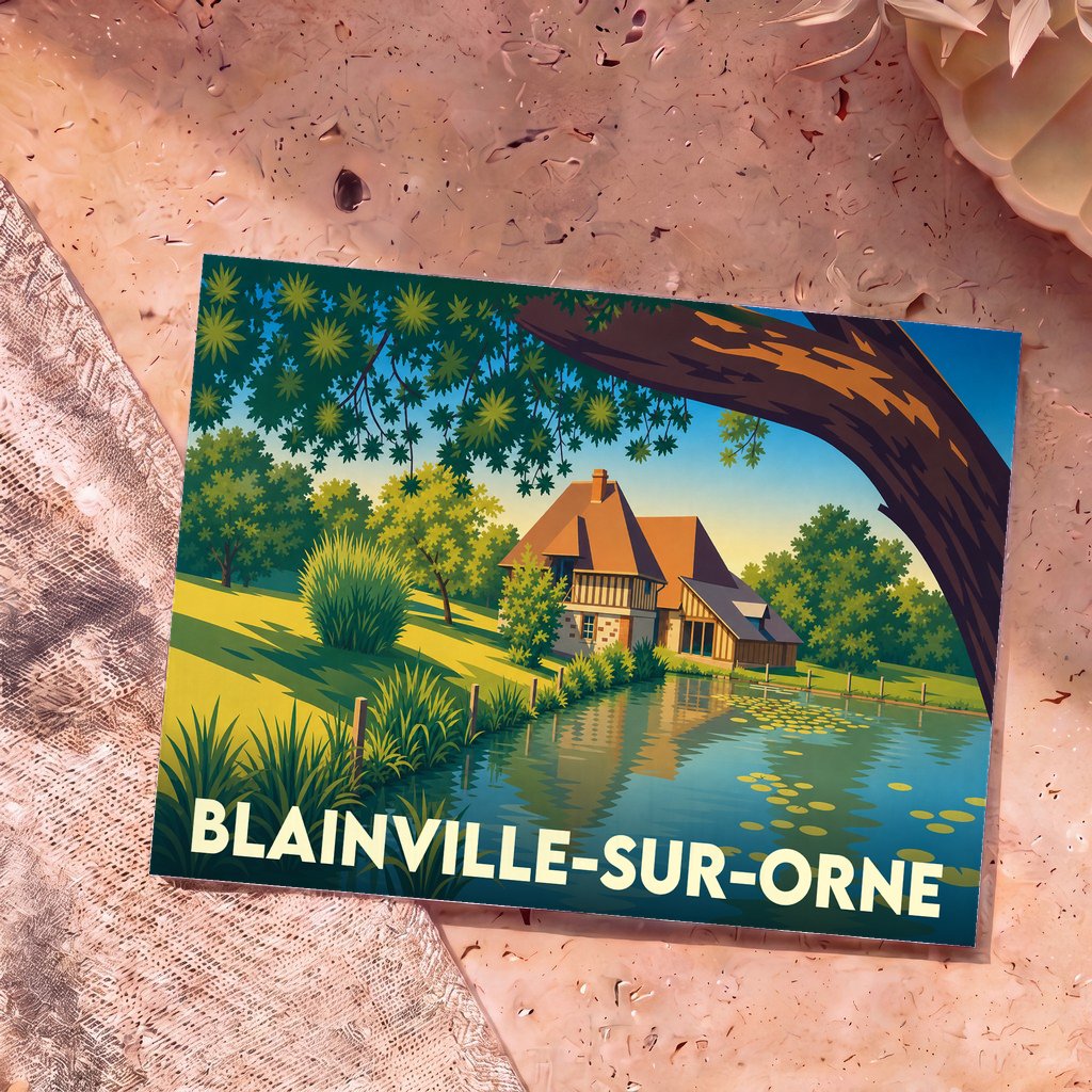 Carte postale souvenir de Blainville-sur-Orne illustrant une maison normande au bord de l'eau dans un style graphique et coloré.