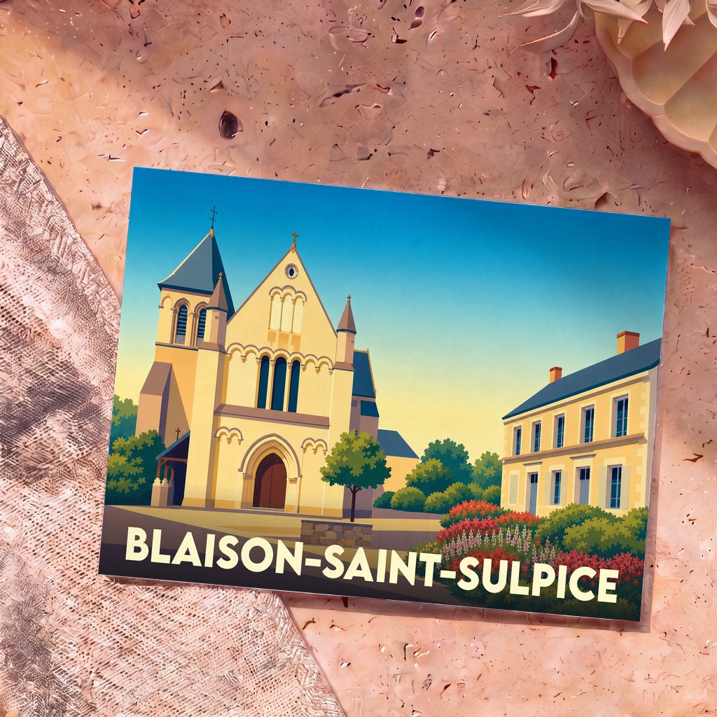 Carte postale souvenir de Blaison-Saint-Sulpice présentant une illustration stylisée de son église et d'une bâtisse traditionnelle.
