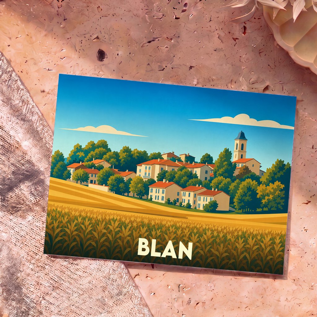 Carte postale souvenir de la ville de Blan avec une illustration stylisée d'un village occitan et de ses champs.