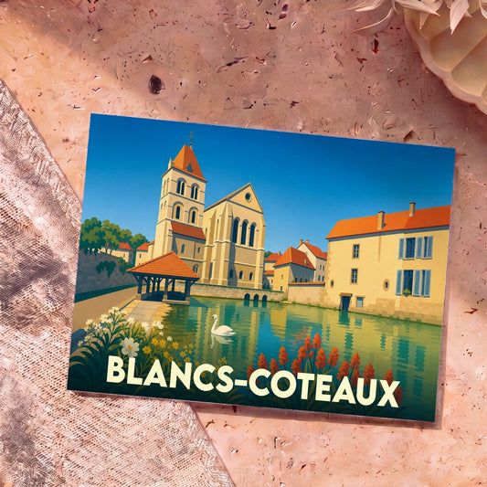 Carte postale souvenir de la commune de Blancs-Coteaux avec une illustration stylisée de son patrimoine architectural et de ses canaux.