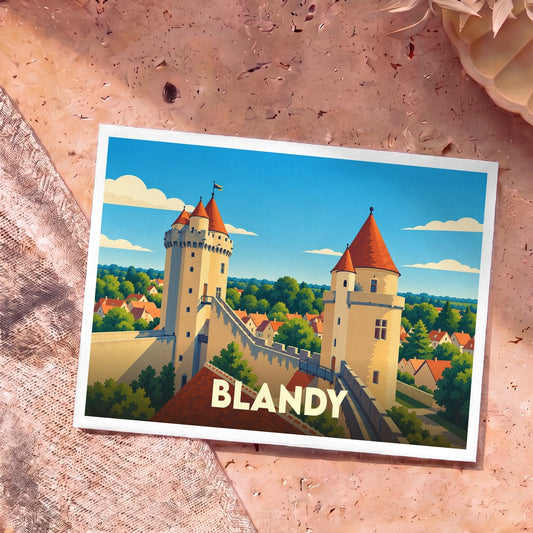 Carte postale souvenir de la ville de Blandy avec une illustration stylisée de son château médiéval.