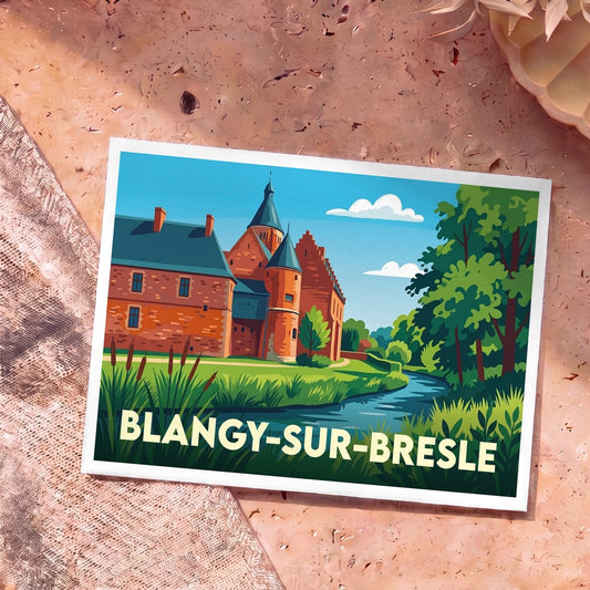 Carte postale souvenir de Blangy-sur-Bresle présentant une illustration stylisée et colorée d'un château au bord de l'eau.