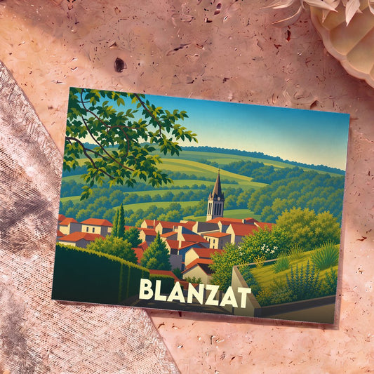 Carte postale souvenir de la ville de Blanzat illustrant un paysage de village vallonné dans un style rétro.