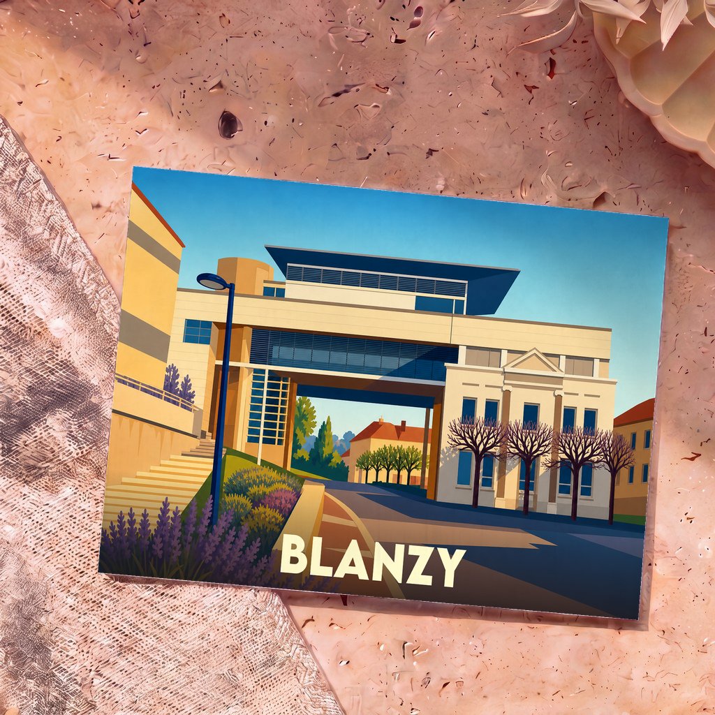 Carte postale souvenir de la ville de Blanzy avec une illustration stylisée et moderne de son architecture urbaine.