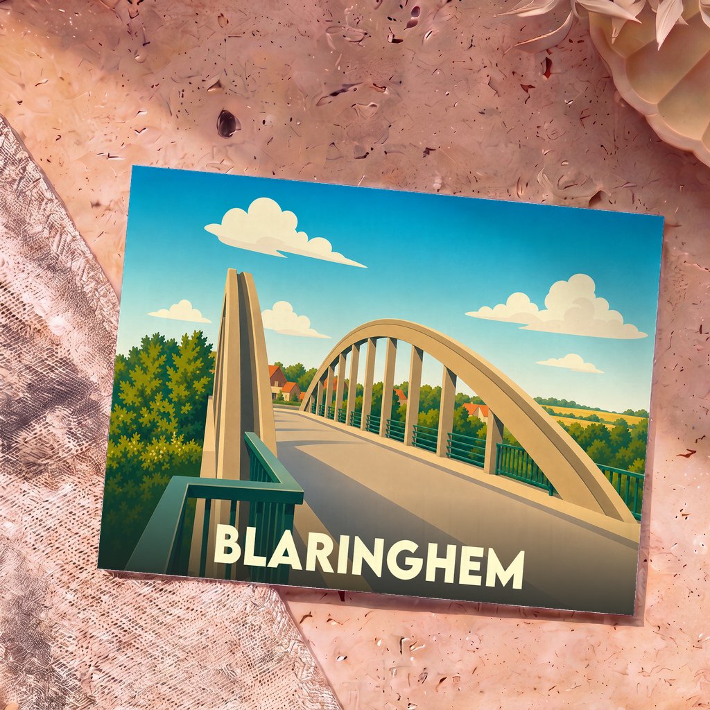 Carte postale souvenir de la ville de Blaringhem avec une illustration stylisée de son pont en arc.