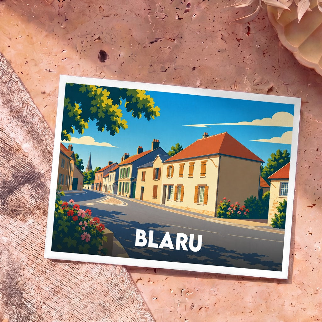 Carte postale souvenir de la ville de Blaru avec une illustration stylisée d'une rue paisible.