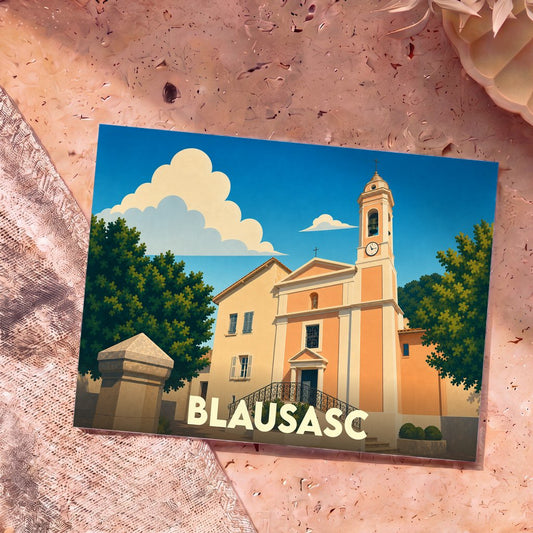 Carte postale souvenir de la ville de Blausasc avec une illustration stylisée d'une église sous un ciel azur.