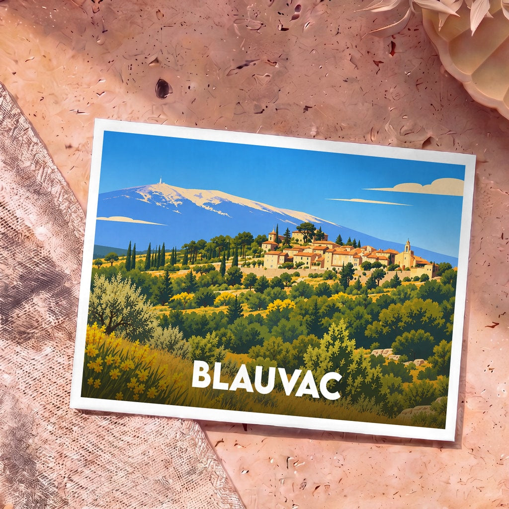 Carte postale souvenir de la ville de Blauvac présentant une illustration stylisée du village perché devant le mont Ventoux.