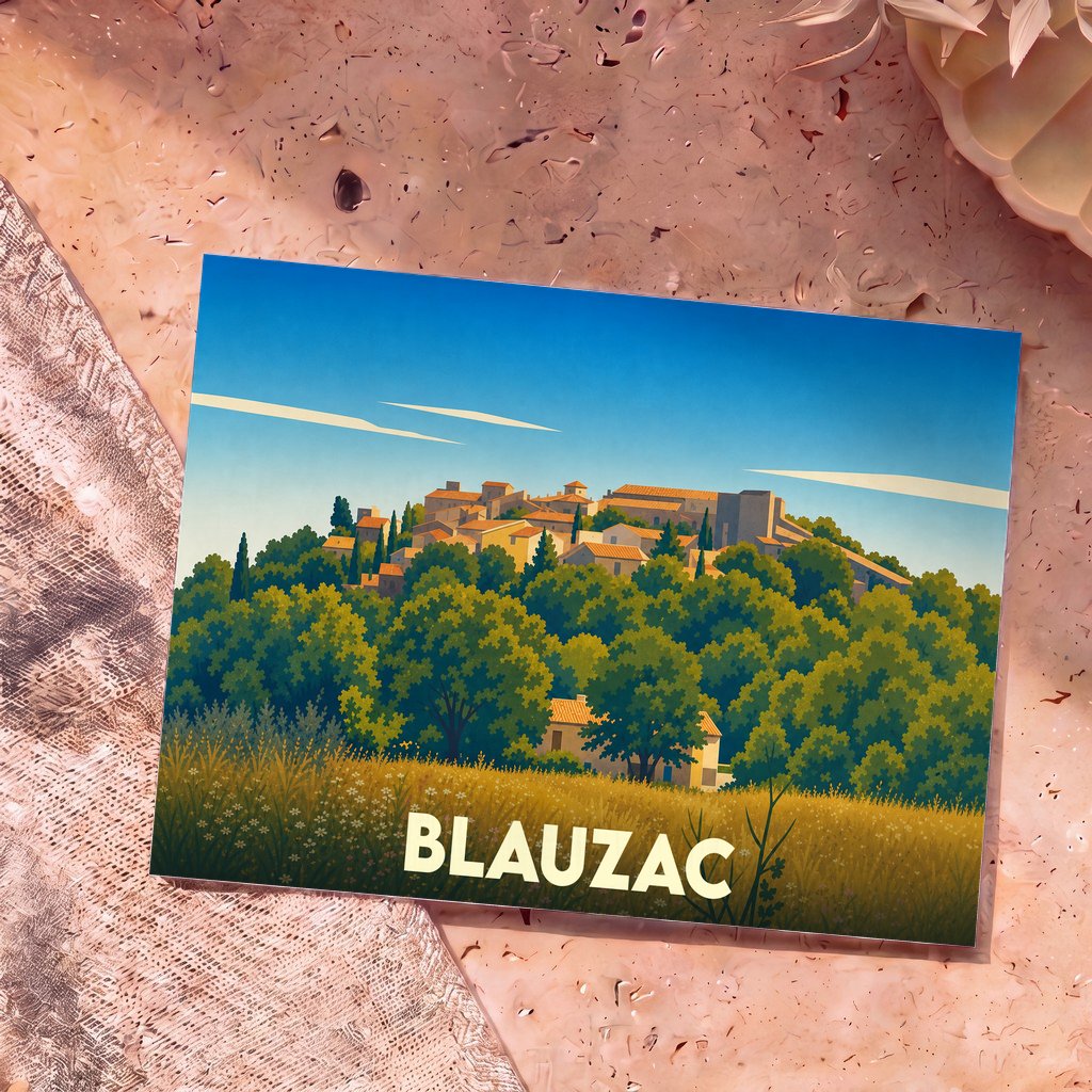 Carte postale souvenir de la ville de Blauzac avec une illustration stylisée représentant un village perché et boisé.