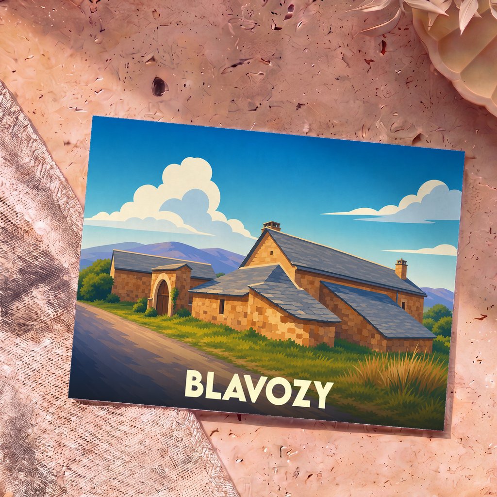 Carte postale souvenir de la ville de Blavozy avec une illustration stylisée d'un bâtiment traditionnel en pierre.