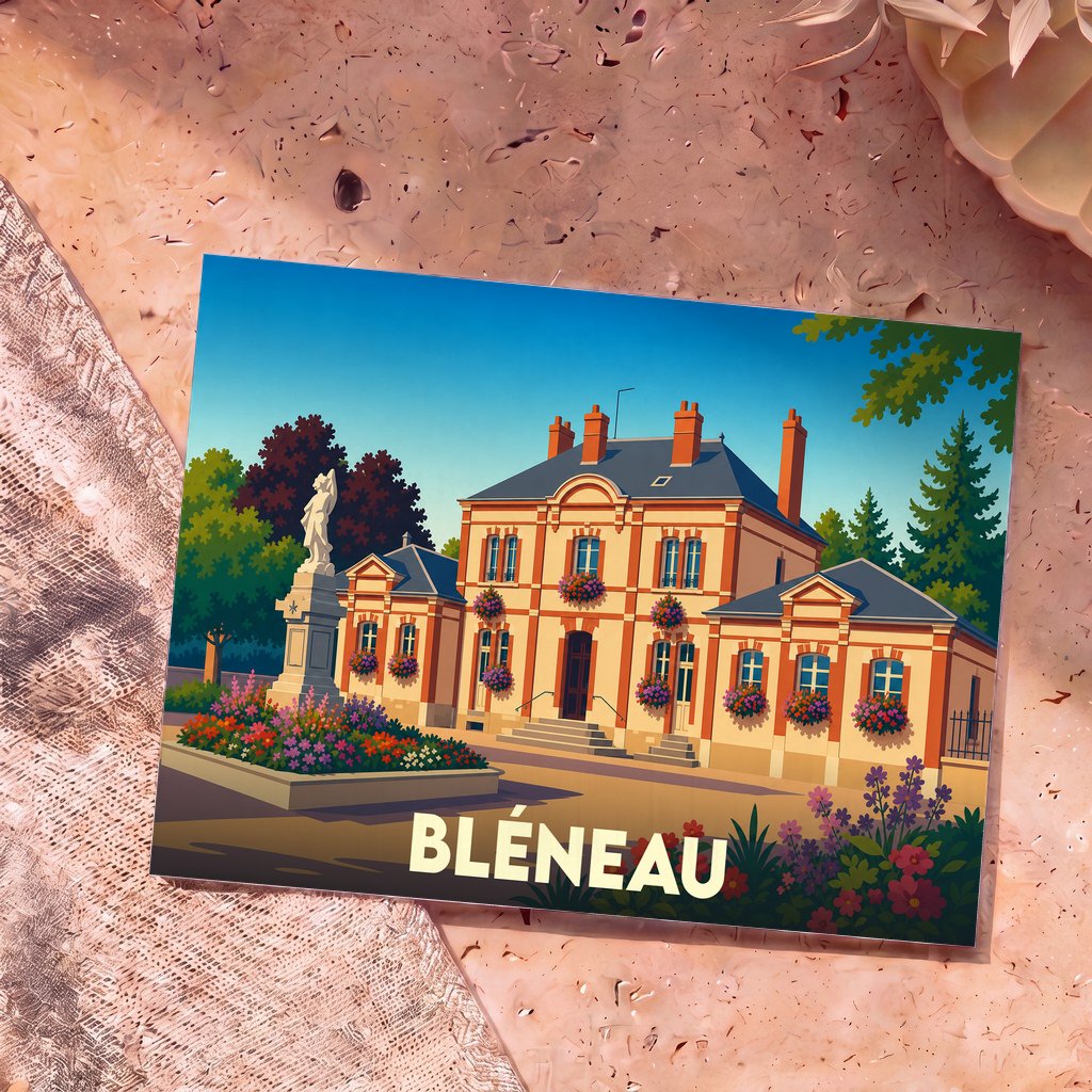 Carte postale souvenir de la ville de Bléneau avec une illustration stylisée de son hôtel de ville fleuri.