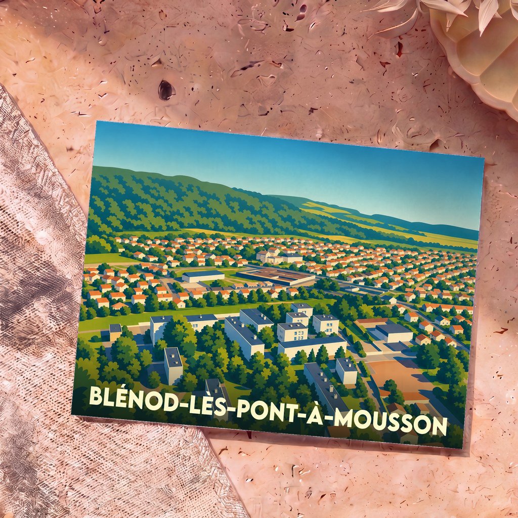 Carte postale souvenir de la ville de Blénod-lès-Pont-à-Mousson avec une illustration stylisée vue du ciel.
