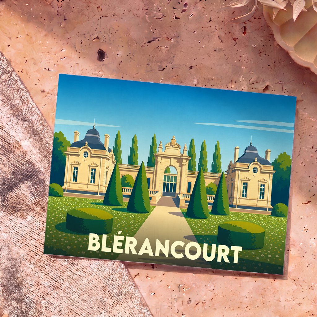 Carte postale souvenir de la ville de Blérancourt avec une illustration stylisée de son château et de ses jardins.