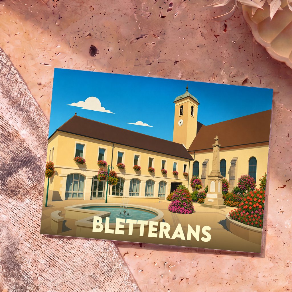 Carte postale souvenir de la ville de Bletterans avec une illustration colorée de sa place principale.