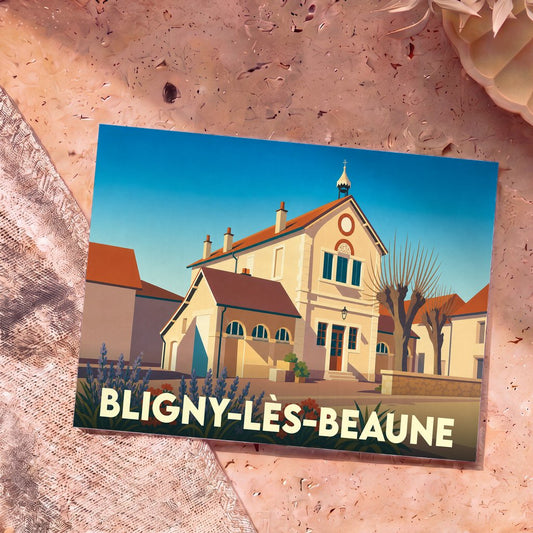 Carte postale souvenir de la ville de Bligny-lès-Beaune avec une illustration stylisée de son architecture.