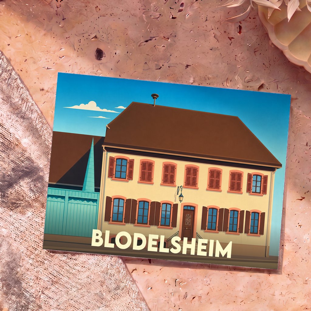Carte postale souvenir de la ville de Blodelsheim avec une illustration stylisée d'une maison traditionnelle alsacienne.