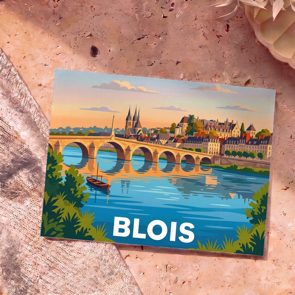 Carte postale souvenir de la ville de Blois présentant une illustration stylisée de son pont historique et de son architecture en bord de Loire.