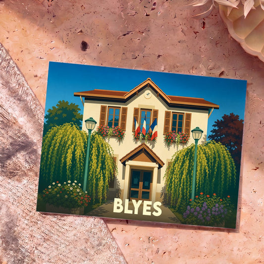 Carte postale souvenir de la ville de Blyes présentant une illustration stylisée de sa mairie fleurie.