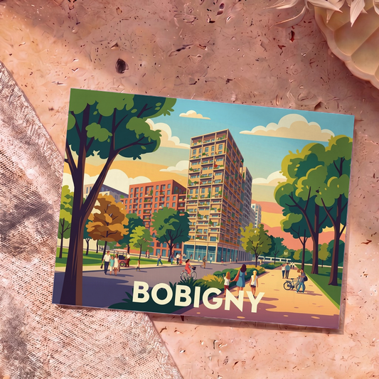 Carte postale souvenir de la ville de Bobigny avec une illustration colorée et stylisée de son paysage urbain.