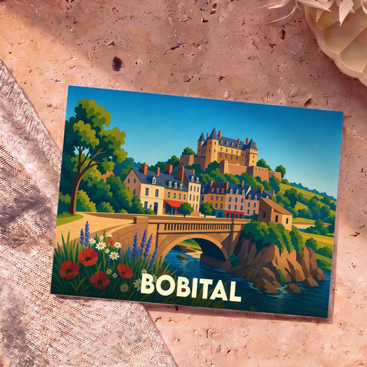 Carte postale souvenir de la ville de Bobital avec une illustration stylisée d'un village médiéval et son château.