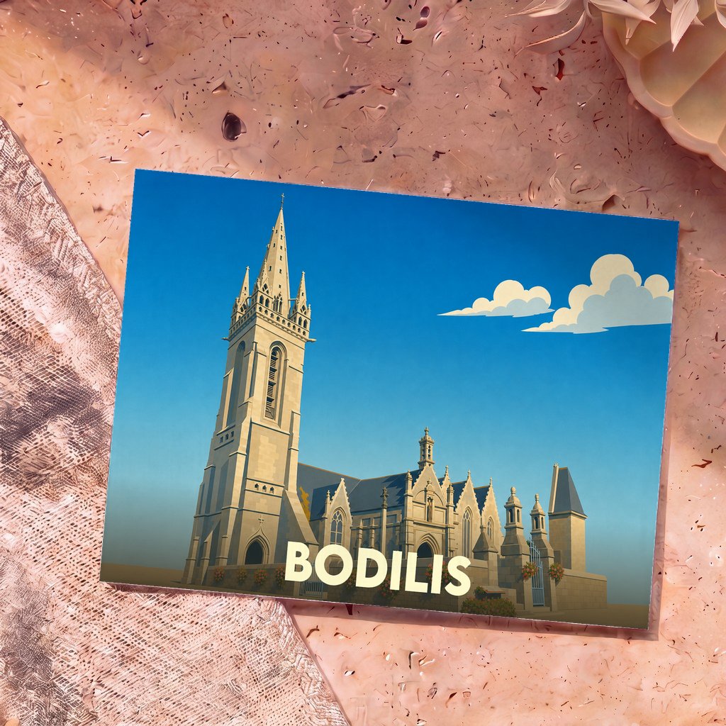 Carte postale souvenir de la ville de Bodilis avec une illustration stylisée de son église paroissiale.
