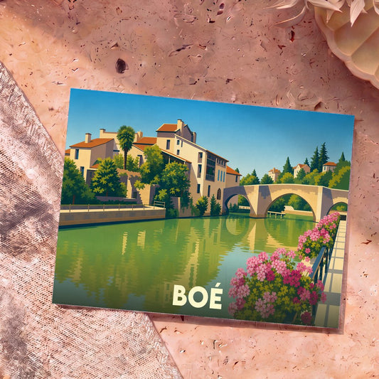 Carte postale souvenir de la ville de Boé avec une illustration stylisée d'un pont et de maisons au bord de l'eau.
