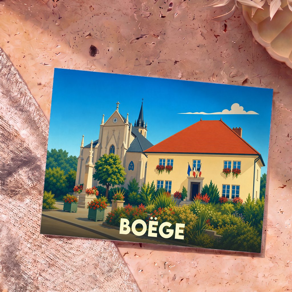 Carte postale souvenir de la ville de Boëge illustrant son église et sa mairie dans un style coloré.