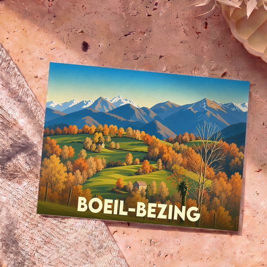 Carte postale souvenir de Boeil-Bezing illustrant un paysage de montagnes et de collines automnales dans un style rétro.
