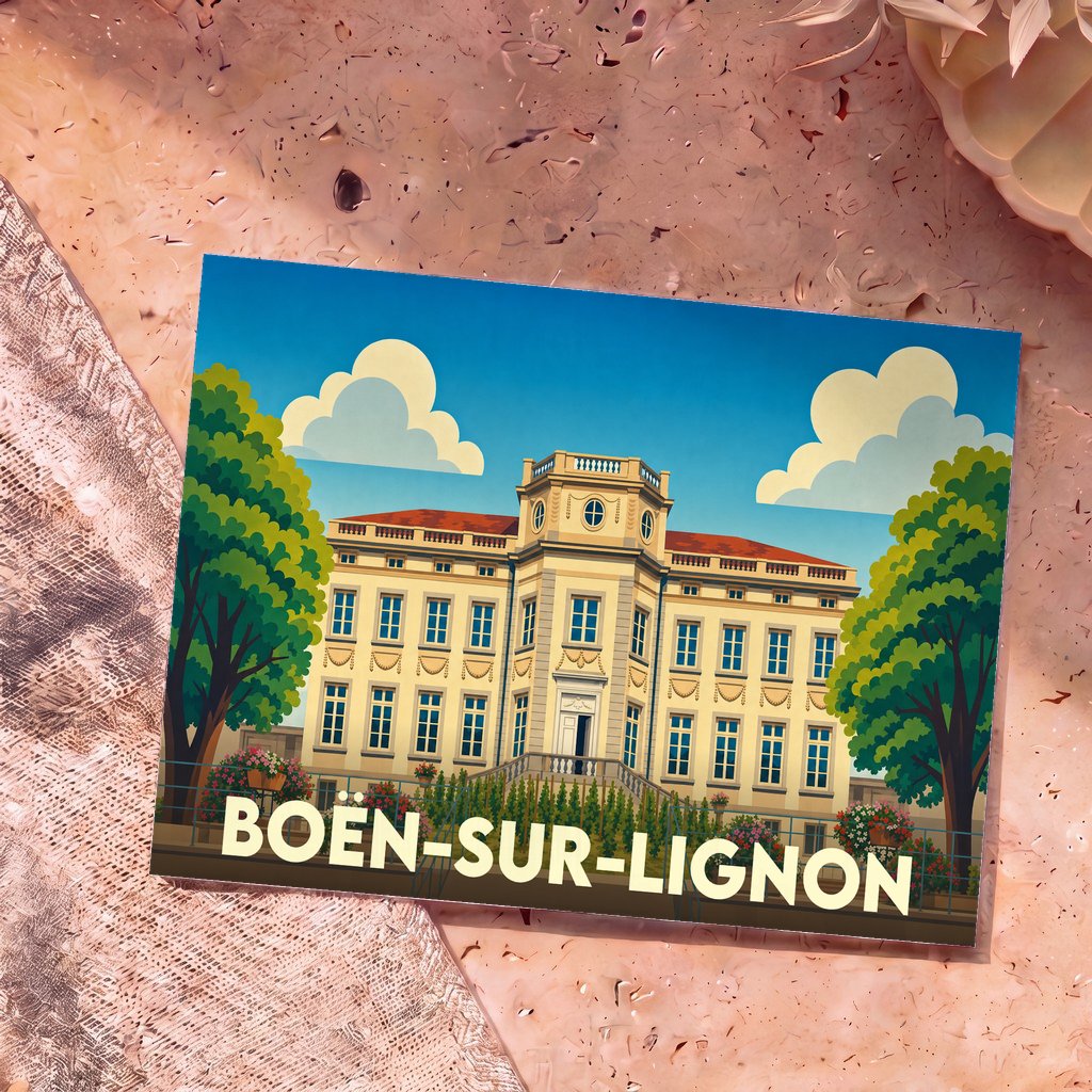 Carte postale souvenir de la ville de Boën-sur-Lignon avec une illustration stylisée de son château.