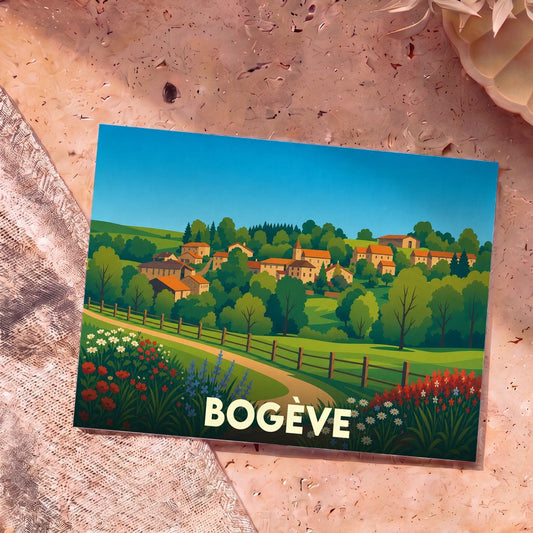 Carte postale souvenir de la ville de Bogève avec une illustration stylisée d'un village niché dans une vallée verdoyante et fleurie.