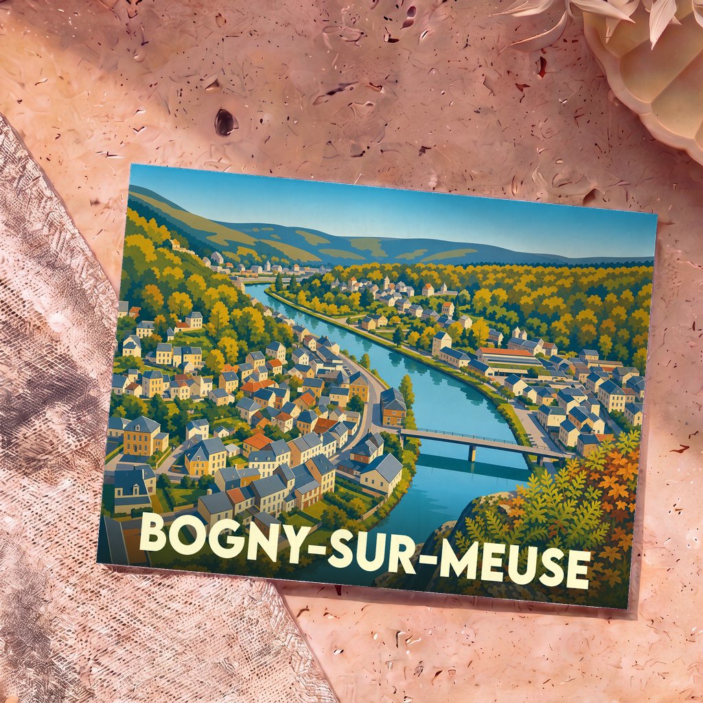 Carte postale souvenir de la ville de Bogny-sur-Meuse illustrant un paysage de vallée fluviale coloré.