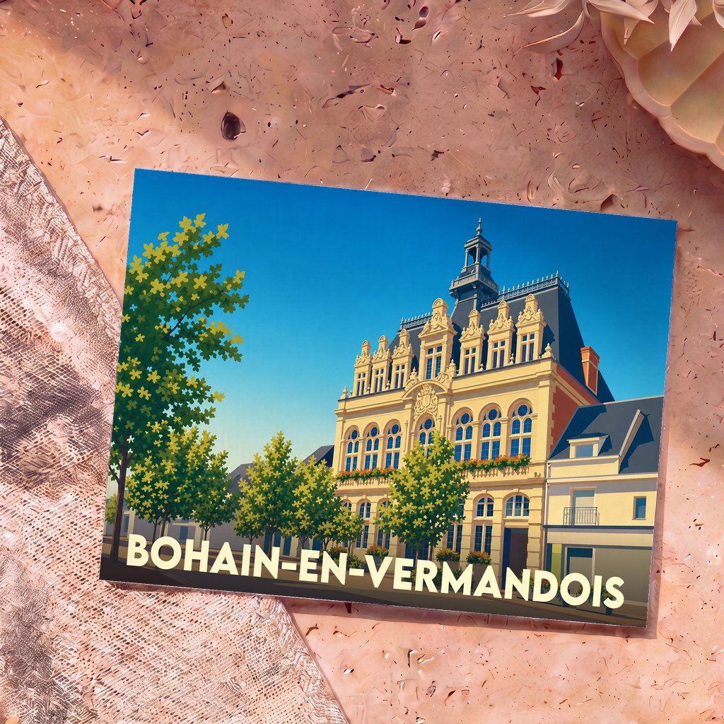 Carte postale souvenir de la ville de Bohain-en-Vermandois avec une illustration stylisée de son hôtel de ville.