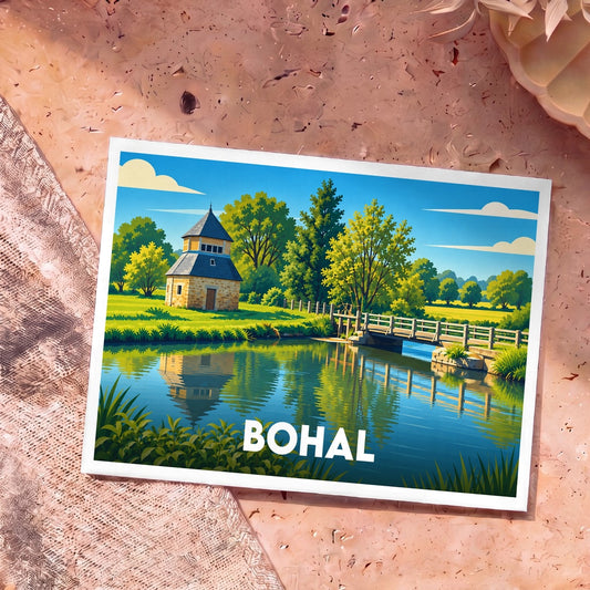 Carte postale souvenir de la ville de Bohal avec une illustration stylisée d'un paysage champêtre au bord de l'eau.