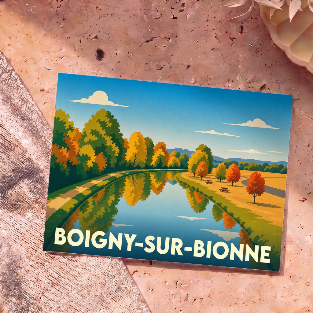 Carte postale souvenir de la ville de Boigny-sur-Bionne illustrant un paysage automnal au bord de l'eau.