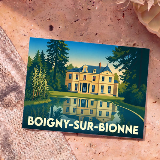 Carte postale souvenir de la ville de Boigny-sur-Bionne illustrant un château jaune se reflétant dans l'eau.
