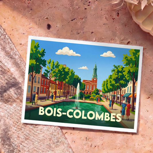 Carte postale souvenir de la ville de Bois-Colombes avec une illustration stylisée de sa place centrale et de son hôtel de ville.