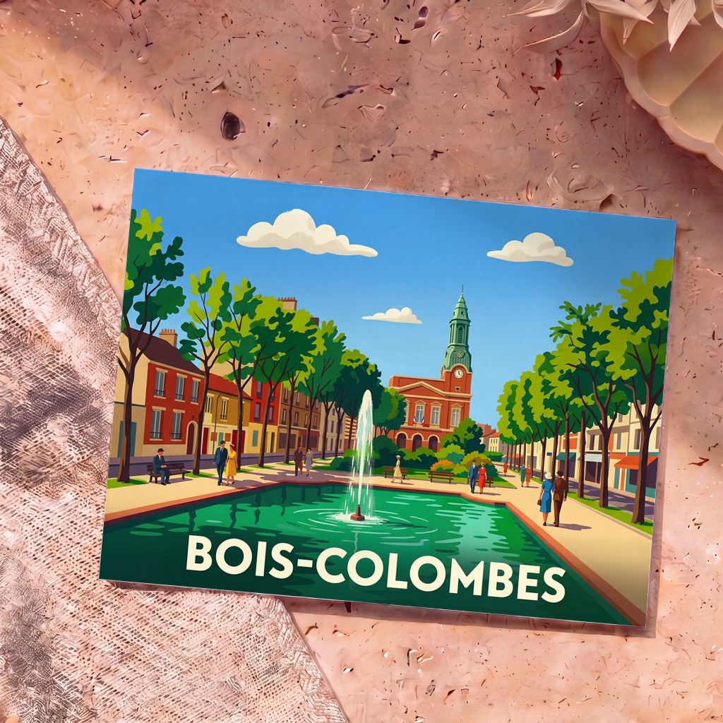 Carte postale souvenir de la ville de Bois-Colombes avec une illustration stylisée de sa place centrale et de son hôtel de ville.
