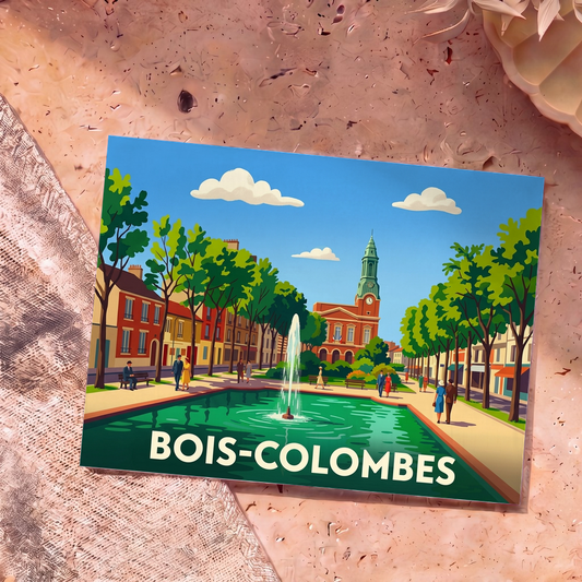 Carte postale souvenir de la ville de Bois-Colombes avec une illustration stylisée de sa place centrale et de son hôtel de ville.