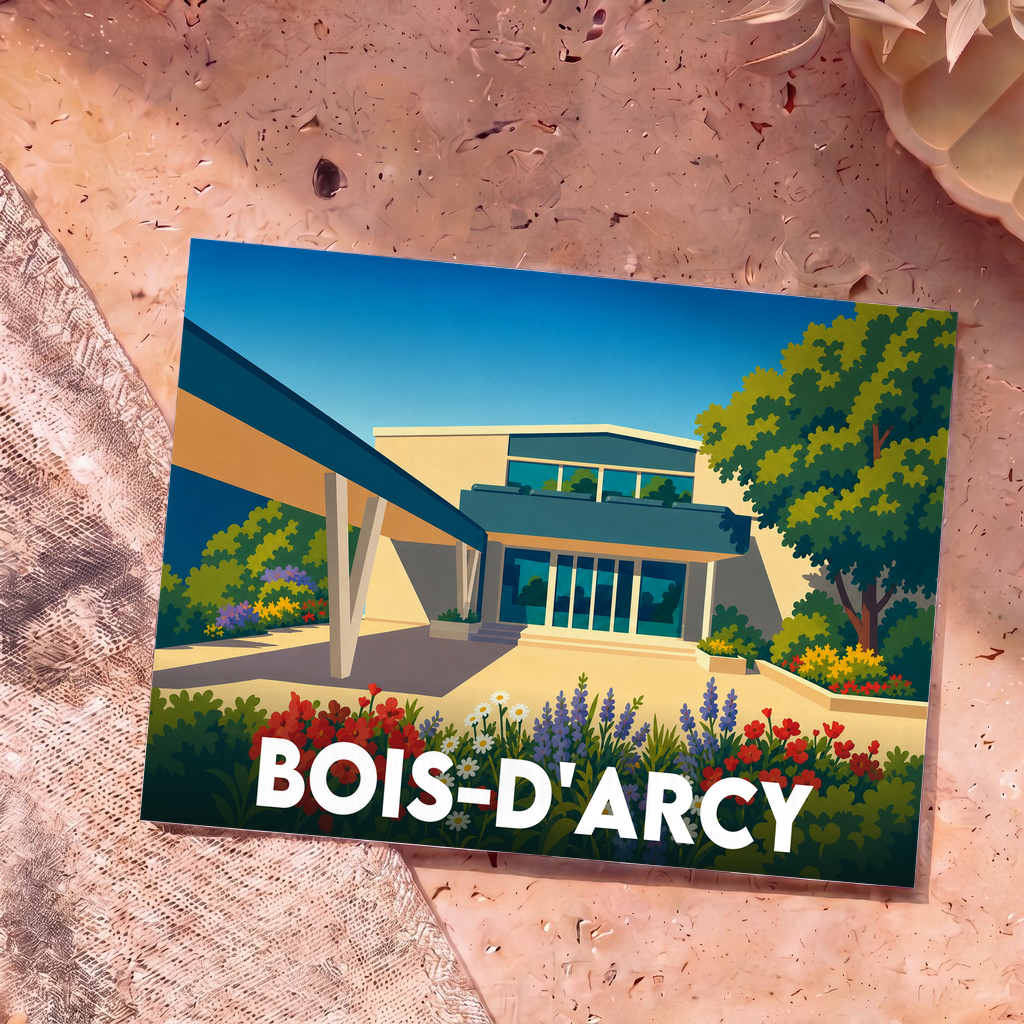 Carte postale souvenir de la ville de Bois-d'Arcy avec une illustration stylisée et colorée d'un bâtiment moderne fleuri.