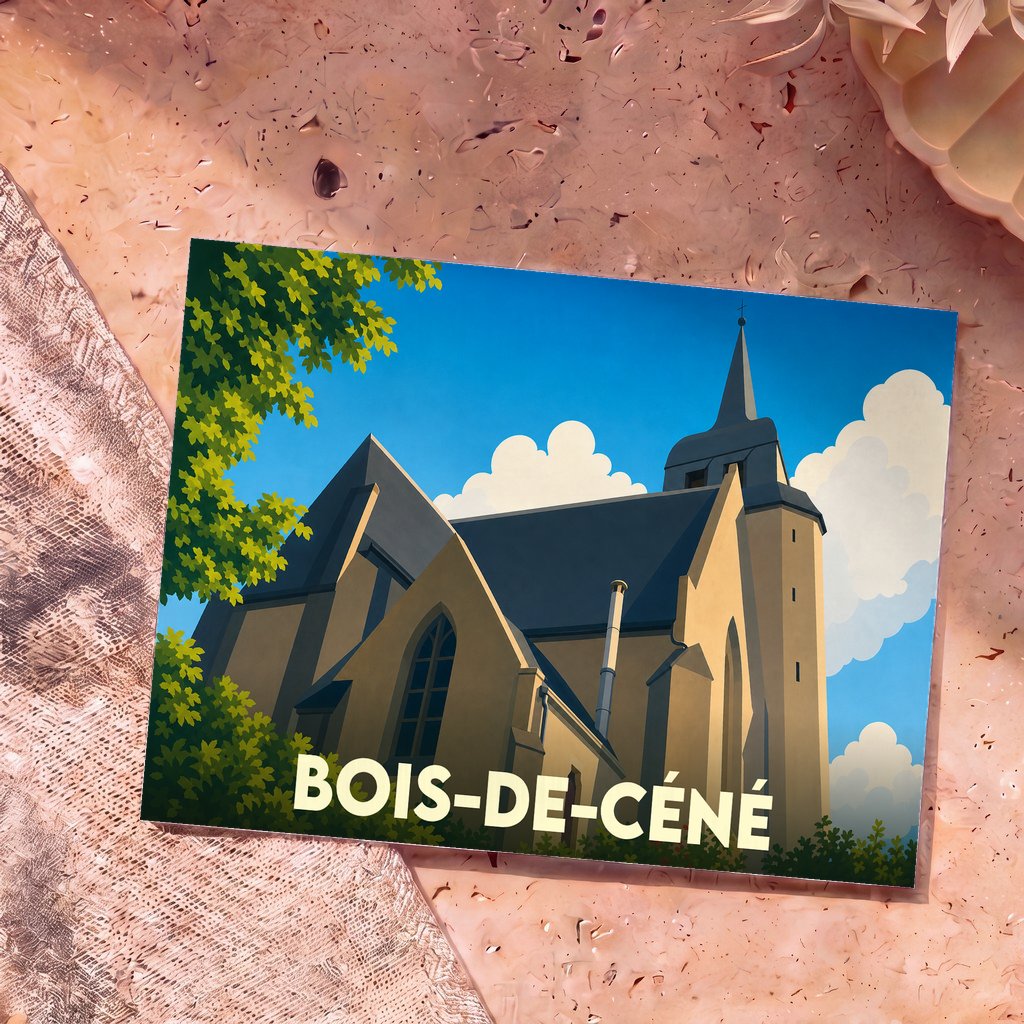 Carte postale souvenir de la commune de Bois-de-Céné illustrant son église dans un style graphique épuré.