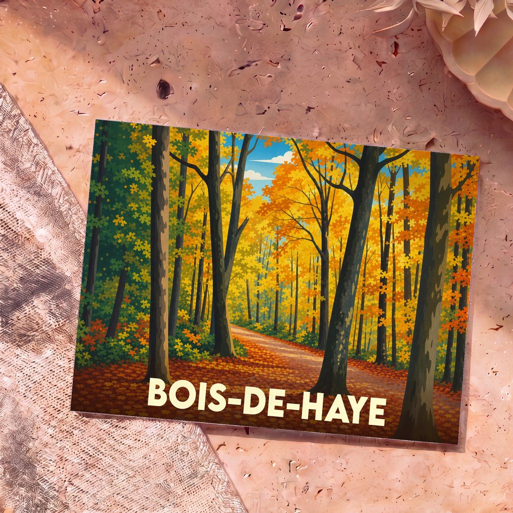 Carte postale souvenir de la ville de Bois-de-Haye avec une illustration stylisée d'une forêt en automne.