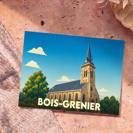 Carte postale souvenir de la ville de Bois-Grenier avec une illustration stylisée de son église.